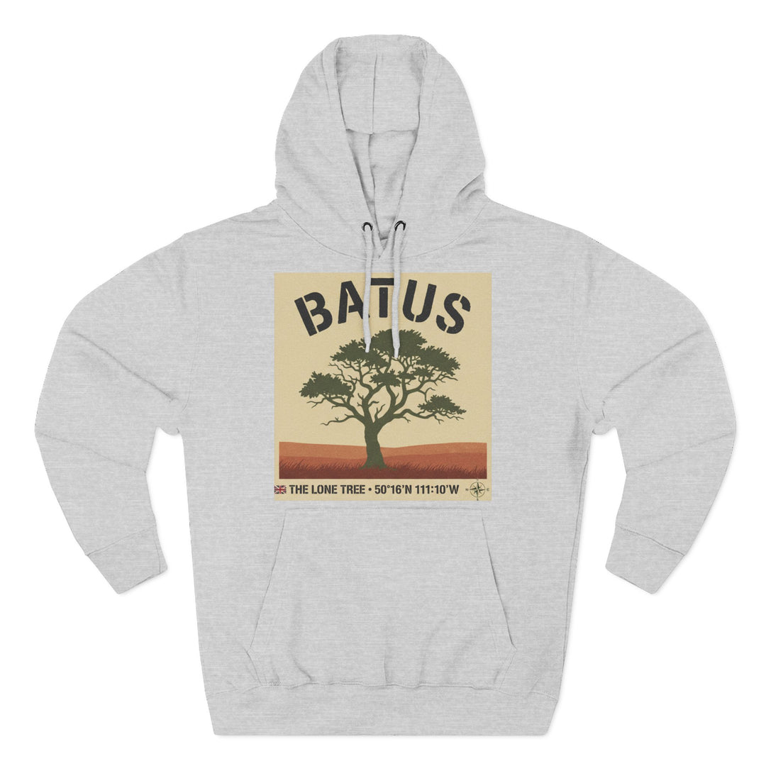 Gray BATUS Lone Tree graphic hoodie by S&amp;W Gallus featuring a desert tree and coordinates design.