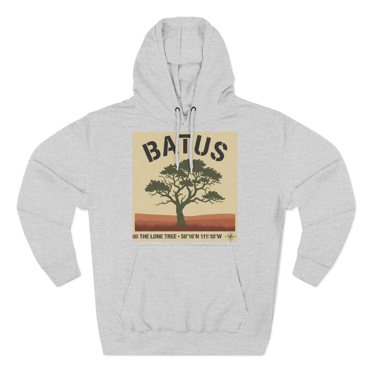 Gray BATUS Lone Tree graphic hoodie by S&amp;W Gallus featuring a desert tree and coordinates design.