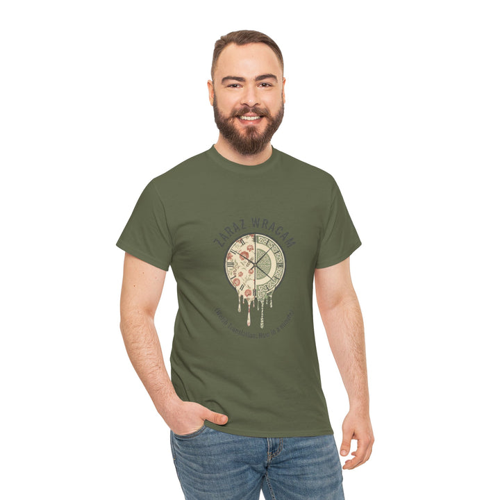 Olive green t-shirt by S&amp;W Gallus with a clock pizza drip graphic on the chest worn with blue jeans.