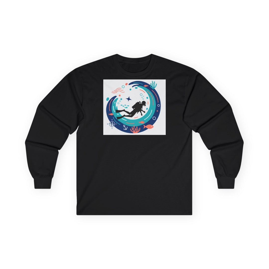 Black long sleeve tee by S&amp;W Gallus featuring a scuba diver in a wave design on the chest.