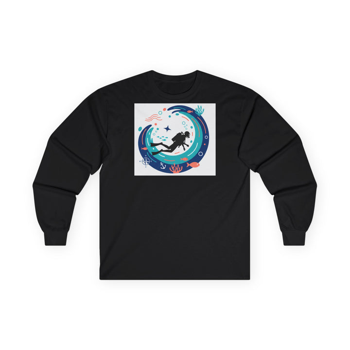 Black long sleeve tee by S&amp;W Gallus featuring a scuba diver in a wave design on the chest.
