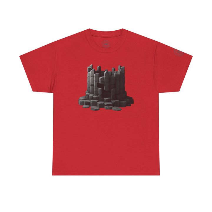Red t-shirt by S&amp;W Gallus featuring a black and grey basalt column design on the chest.