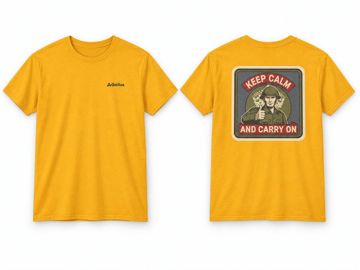 Keep Calm and Carry On 1939 T-Shirt — Original Wartime Poster — Gallus primary hero mockup