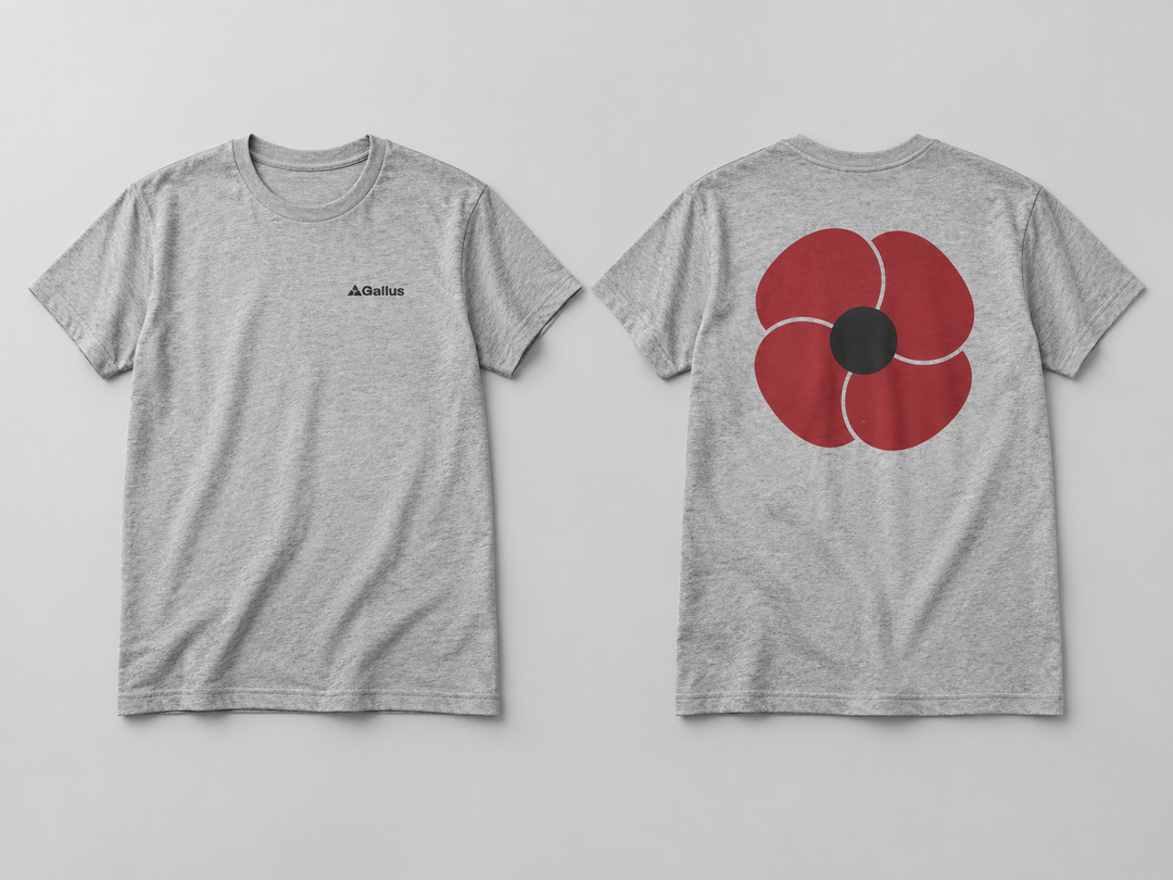 Lone Remembrance Poppy T-Shirt — Simple Memorial Design — Gallus primary hero mockup