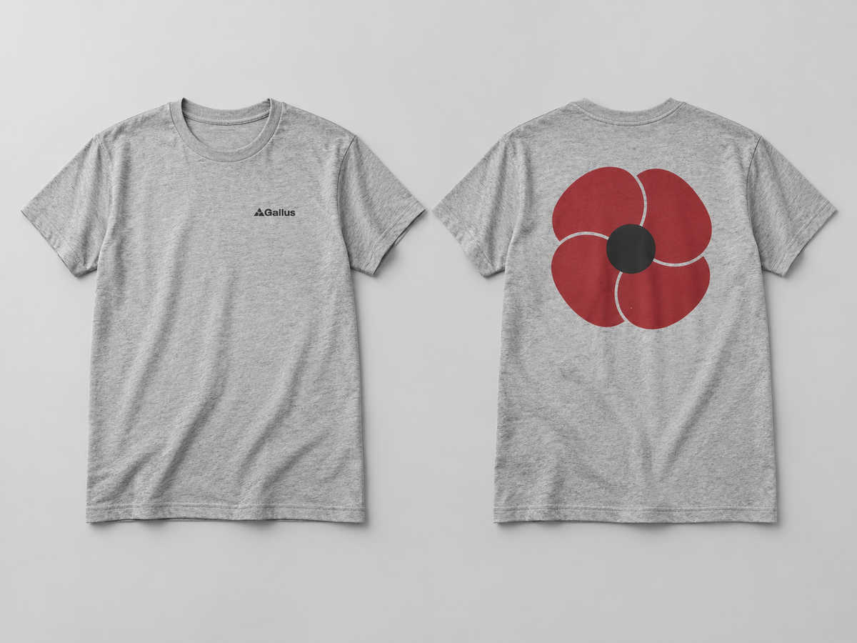 Lone Remembrance Poppy T-Shirt — Simple Memorial Design — Gallus primary hero mockup