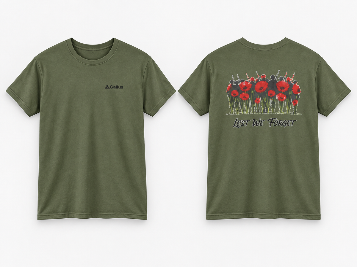 1914–1918 Remembrance T-Shirt — Great War Memorial — Gallus primary hero mockup