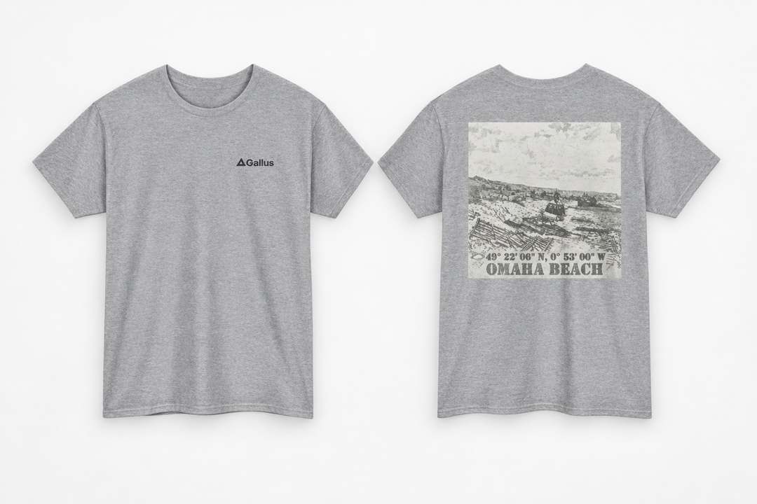 Omaha Beach Coordinates T-Shirt — D-Day 6 June 1944 — Gallus primary hero mockup