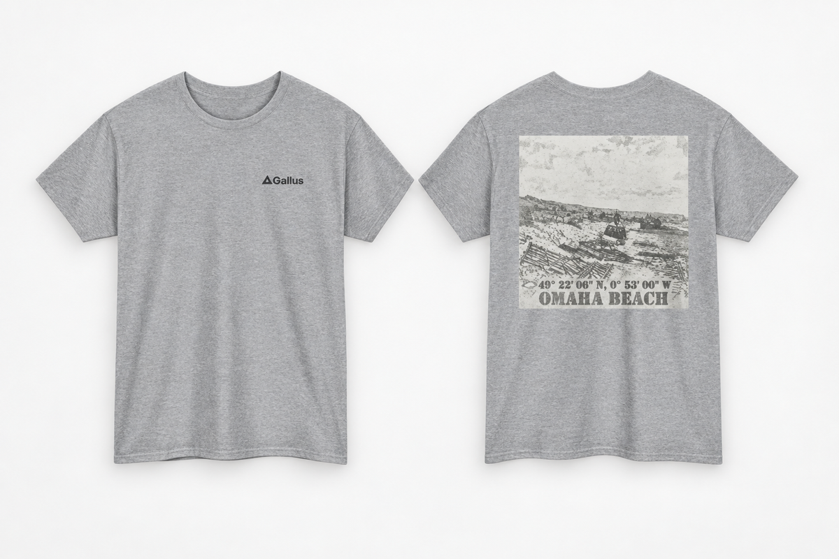 Omaha Beach Coordinates T-Shirt — D-Day 6 June 1944 — Gallus primary hero mockup
