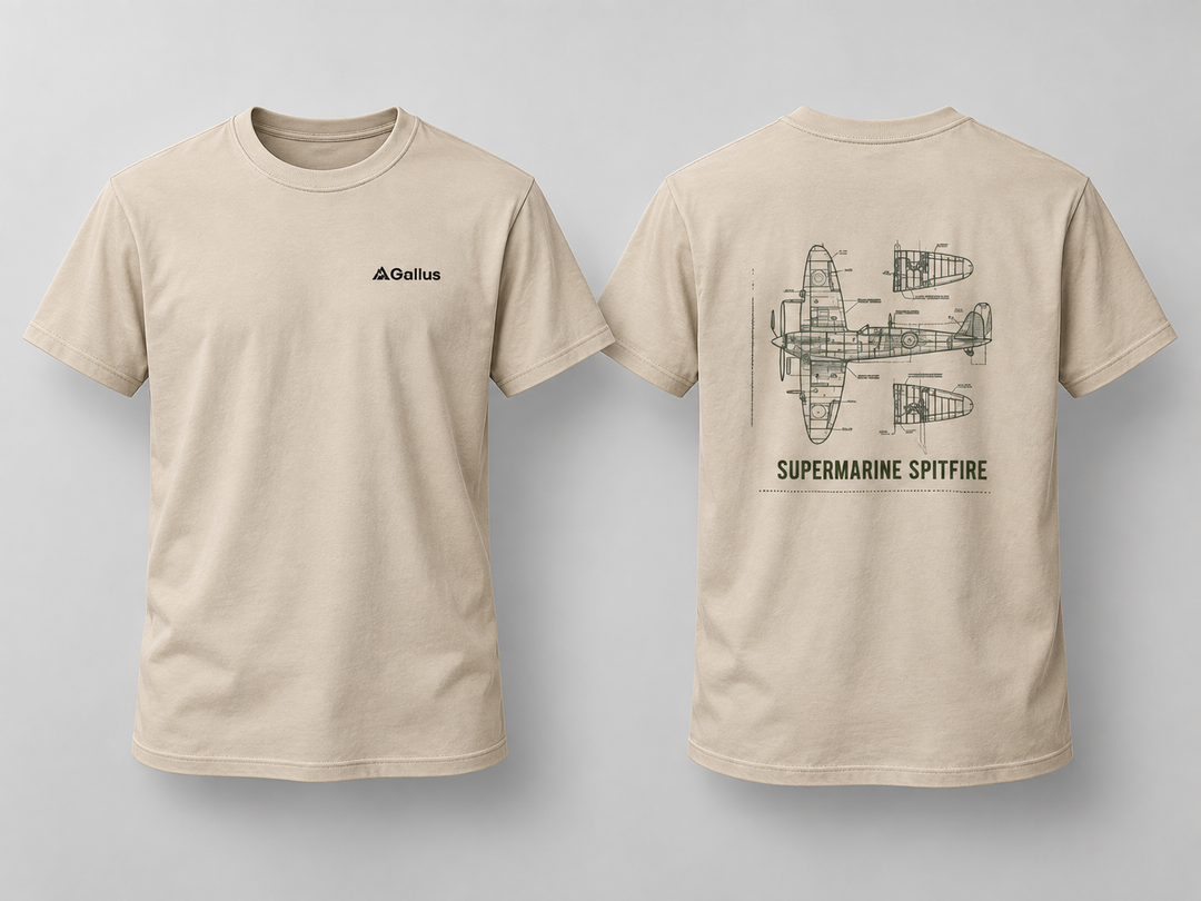 Supermarine Spitfire Blueprint T-Shirt — WW2 Aircraft — Gallus primary hero mockup