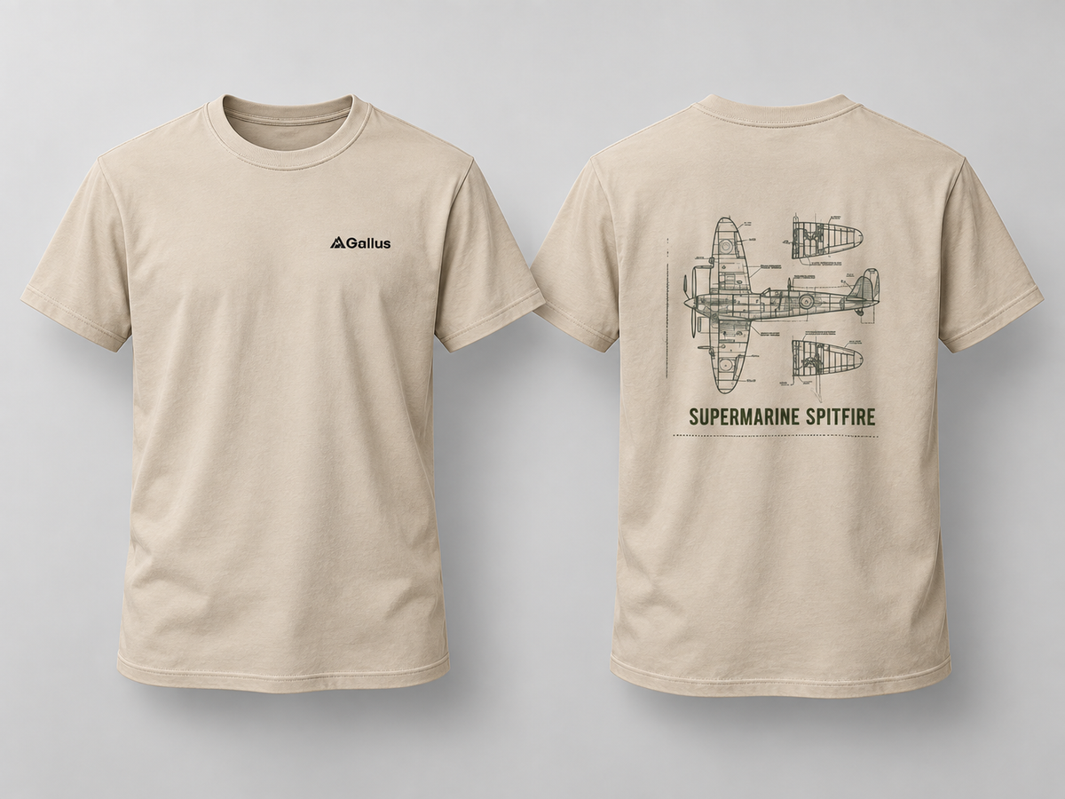 Supermarine Spitfire Blueprint T-Shirt — WW2 Aircraft — Gallus primary hero mockup