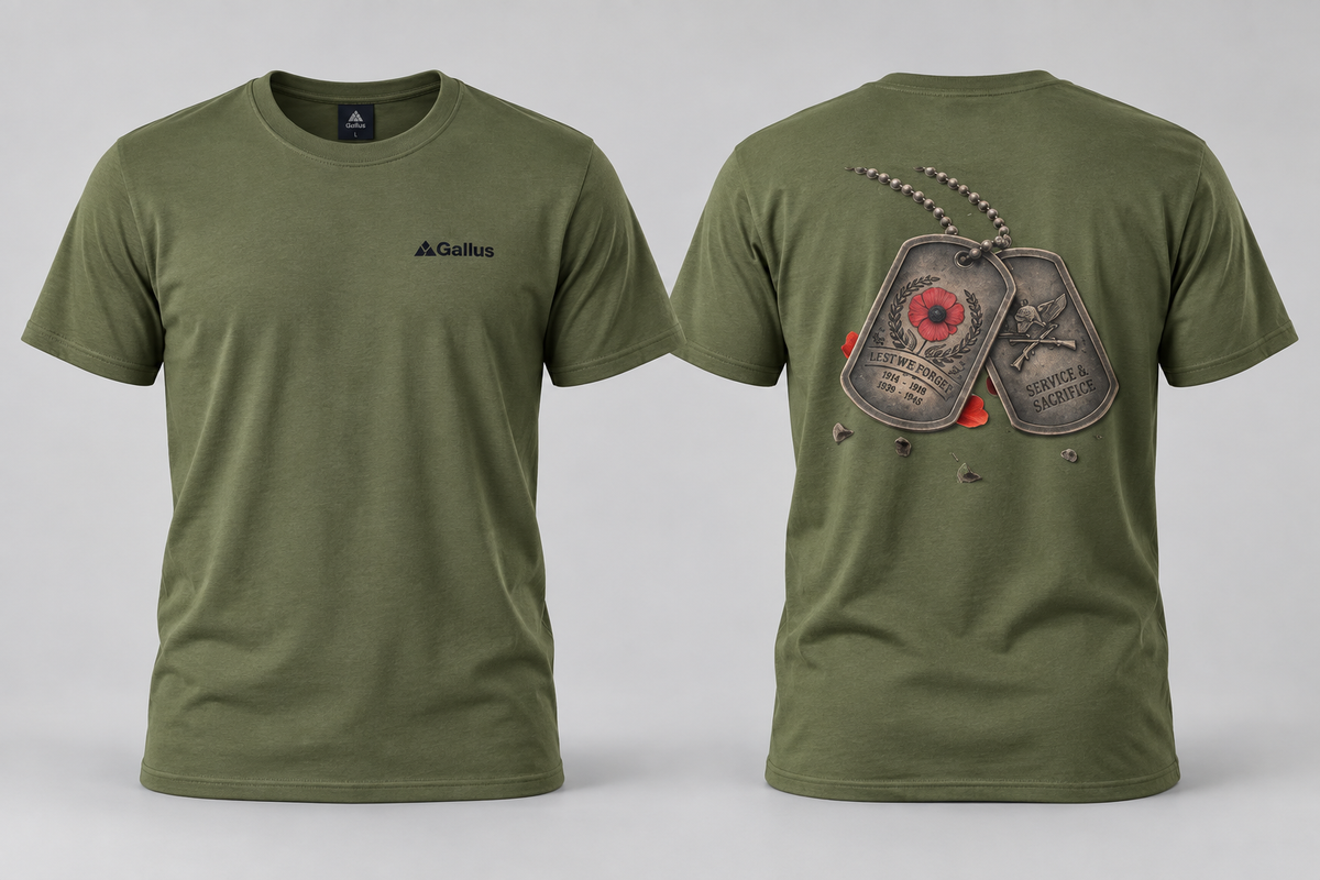 Remembrance Dog Tags T-Shirt — Military Tribute — Gallus primary hero mockup
