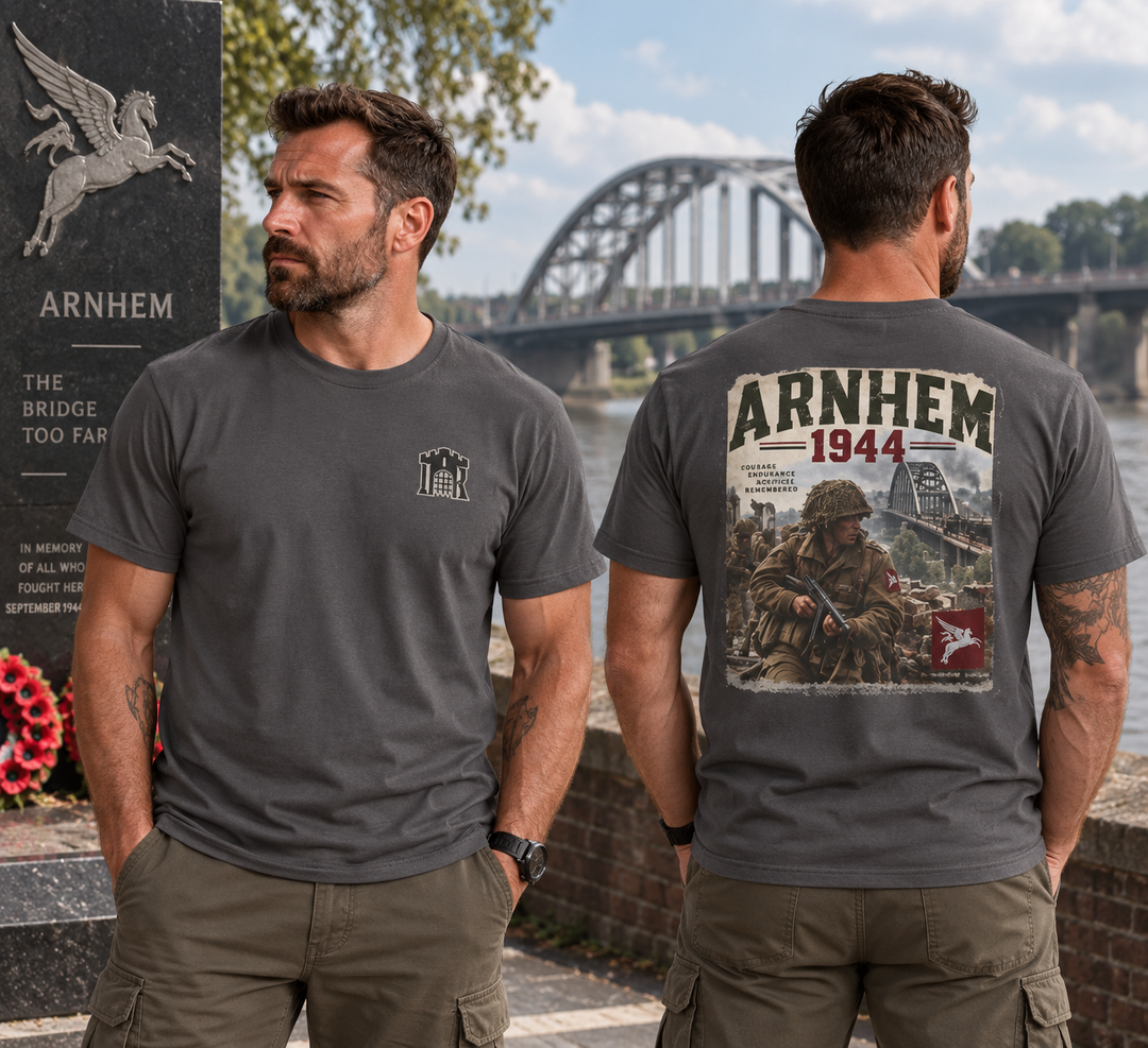 Arnhem 1944 Battle Scene T-Shirt — WW2 Market Garden — Gallus primary hero mockup