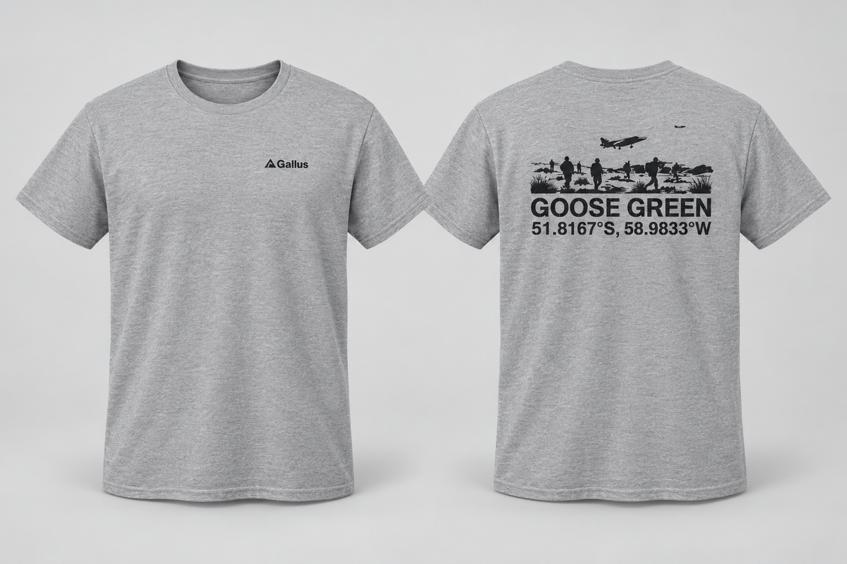 Goose Green Coordinates T-Shirt — Falklands War 1982 — Gallus primary hero mockup
