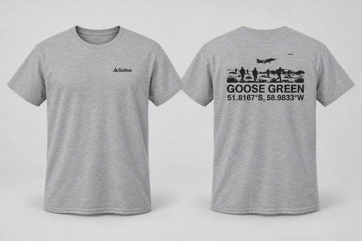 Goose Green Coordinates T-Shirt — Falklands War 1982 — Gallus primary hero mockup